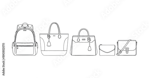 Collection of handbag and backpack line art illustrations in black and white