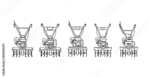 Set of five outline cultivators on white background