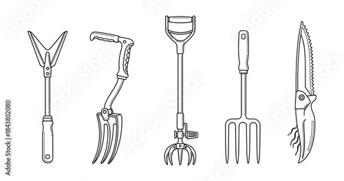 Line art garden tools set: scissors, fork, weeder, cultivator, pruning saw
