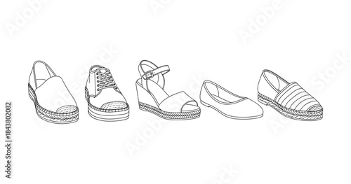 Line art illustration of various shoe styles with espadrilles and wedge highlights