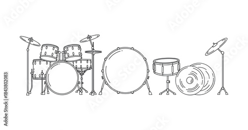 Line art illustration of drum set with cymbals and snare