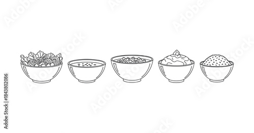 Line art illustration of various bowl foods including salad soup rice and condiments