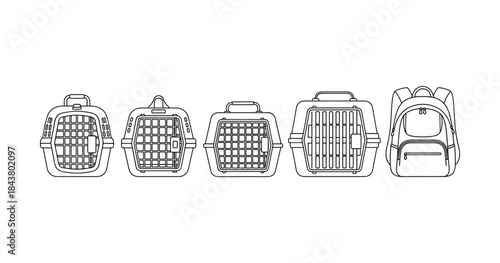 Line art of various pet carriers and backpack for travel and transport
