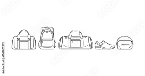 Outline drawing of bags and shoes: backpack, duffel, training