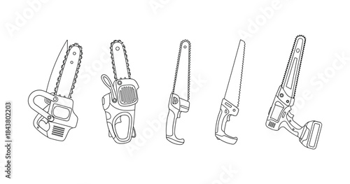 Set of electric chainsaws and hand saw outlined on white background