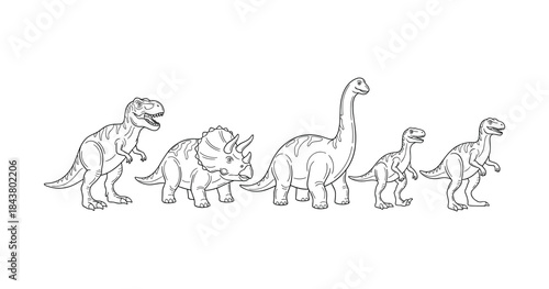 Illustration of various dinosaur species in black and white outline