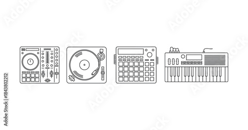 Outline of dj equipment: turntables, drum machine, synthesizer, dj controller