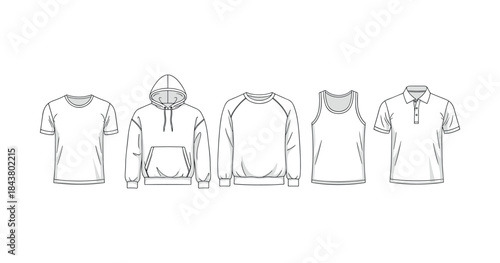 Line art illustrations of various casual outfits including t-shirt, hoodie, sweatshirt, tank top, and polo shirt