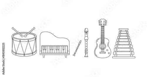 Illustration of musical instruments: drum, piano, recorder, guitar, xylophone