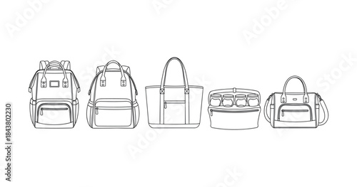 Line art of various bag styles including backpacks, tote, and diaper bag