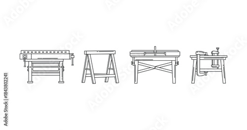 Collection of four carpentry workbenches: tools and equipment for woodworking