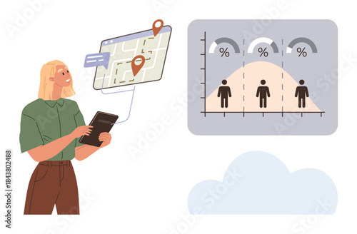 Woman examining a digital geolocation map and statistical data chart. Ideal for navigation, analytics, user demographics, technology, data science, research, planning, and simple flat metaphor