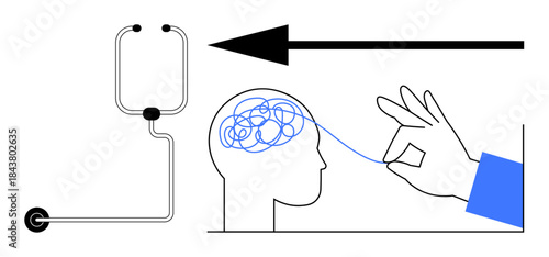 Mental health concept. Mental health with tangled thoughts and therapy unraveling stress. Mental health focus for wellness, therapy, self-care, psychology, and emotional balance