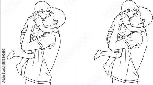 Vector Line Art Drawing of a Father Holding and Kissing His Infant Son or Daughter, Illustrating Love, Family Bonding, and Paternal Affection.