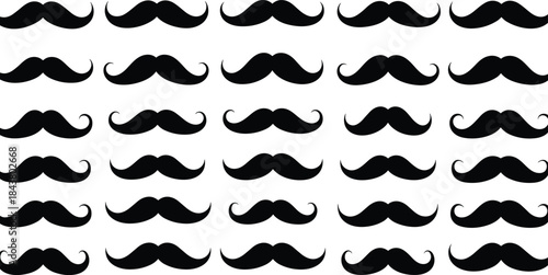 Black Silhouette Vector Icons of Various Men's Mustaches in Traditional Handlebar and Curved Styles, Used for Fashion and Character Design.