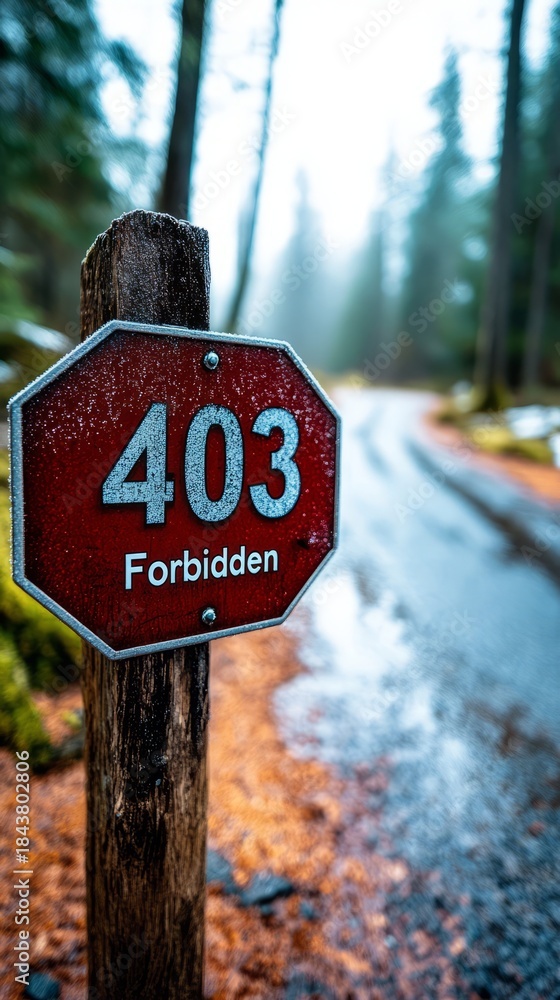 Fototapeta premium Large red 403 forbidden sign blocking pathway in a serene forest setting during misty weather. Web development error concept