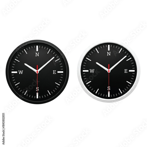 Two round compasses one black one white with red needle and cardinal directions Keywords
