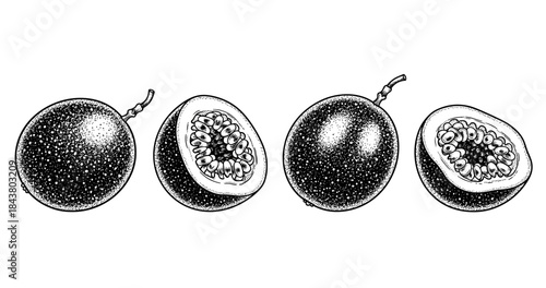 Detailed monochrome passion fruit illustration with whole and halved views