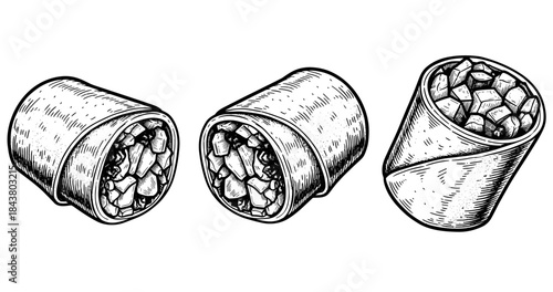 Hand-drawn burrito illustrations: wrapping styles and ingredient fillings