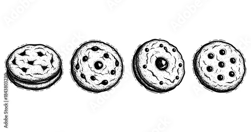 Hand-drawn chocolate chip cookies in black and white illustration