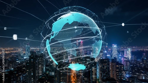 Digital global network connection over modern city skyline at night, representing future technology and communication.
