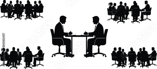 Black Silhouette of Two Business Professionals Seated at a Desk Engaged in a One-on-One Interview or Negotiation, Surrounded by Team Collaboration Groups.