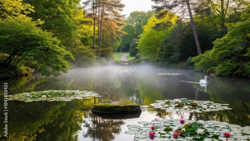 Misty morning on a tranquil lake with water lilies and a swan.