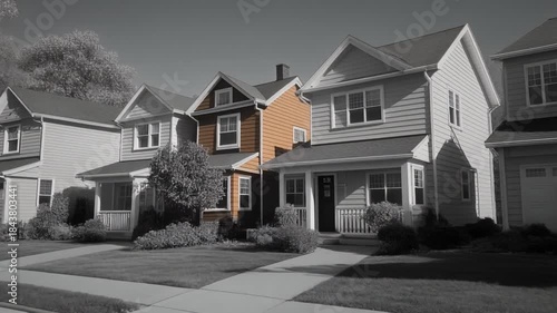 A single orange house stands out in a row of otherwise grayscale suburban homes, emphasizing individuality and contrast.
