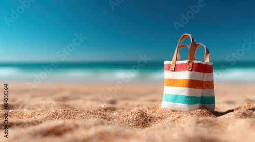 Wallpaper Mural A vibrant beach bag rests on the warm sand, capturing the essence of summer fun and relaxation by the ocean, ideal for travel, beach, and lifestyle themes. Torontodigital.ca