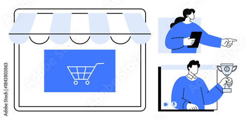 Graphic featuring a storefront with a shopping cart icon and illustrations of individuals using technology and interacting. Ideal for e-commerce, online shopping, retail business, marketing, digital