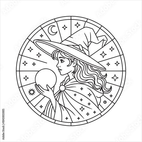 Mystical Witch and Crystal Ball Line Art Celestial Circle Outline