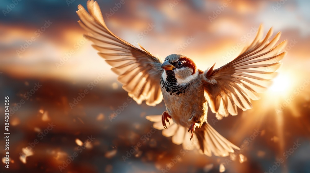 Obraz premium A sparrow soaring elegantly through the air during a breathtaking golden hour, embracing freedom and nature's beauty, capturing the essence of flight and serenity in a stunning moment.