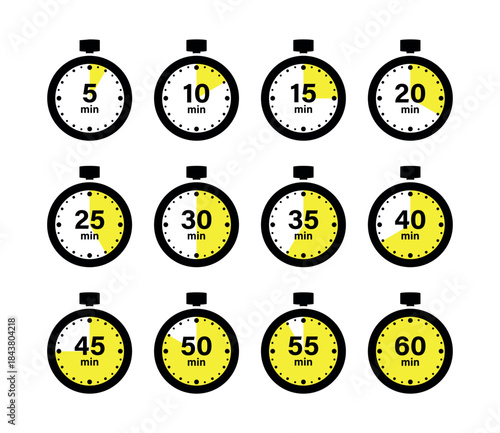 Stopwatch icon. 5, 10, 15, 20, 25, 30, 35, 40, 45, 50, 55, 60 second timer, vector illustration of a stopwatch