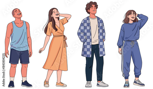 Diverse young adults in casual and stylish outfits enjoying leisure time