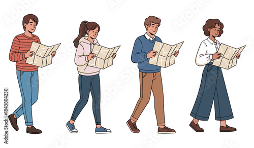 Diverse group of young adults exploring with maps