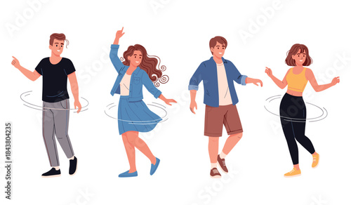 Diverse young adults dancing with hula hoops