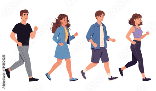 Young diverse adults walking in casual outfits male and female characters