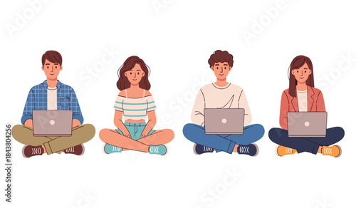 Diverse young adults using laptops in a row