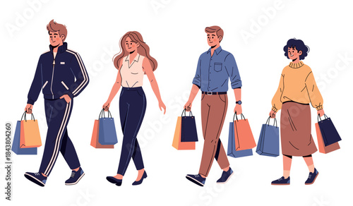 Diverse group of adults shopping with bags