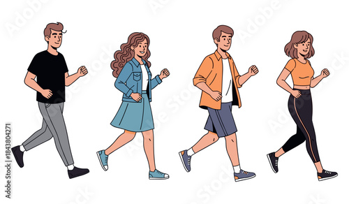 Group of diverse young adults walking together in casual attire