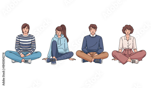 Diverse group of young adults sitting cross-legged in casual attire