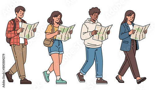 Diverse young adults reading maps while walking