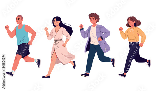 Group of young adults jogging together in casual sportswear