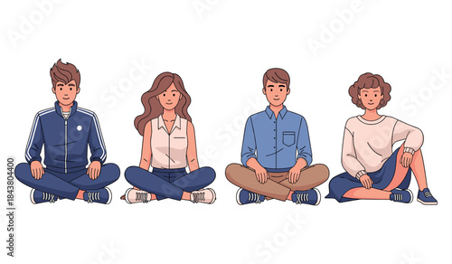 Diverse group of young adults sitting cross-legged in casual attire