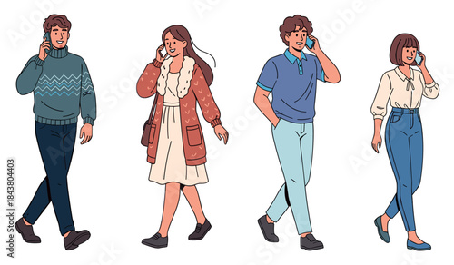 Group of young adults walking and talking on phones