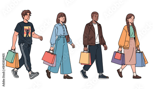Diverse group of young adults shopping with bags