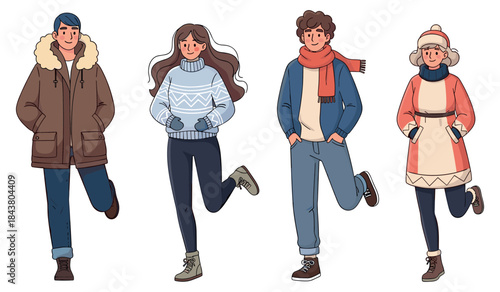 Diverse group in winter attire: young caucasian male and female characters