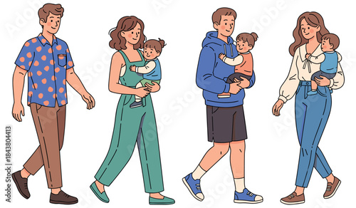 Diverse families strolling with children - casual outfits and happy expressions