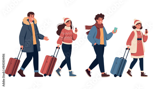 Illustration of young adults traveling in winter attire with luggage