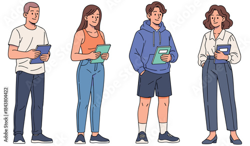 Group of diverse young adults holding notebooks in casual attire